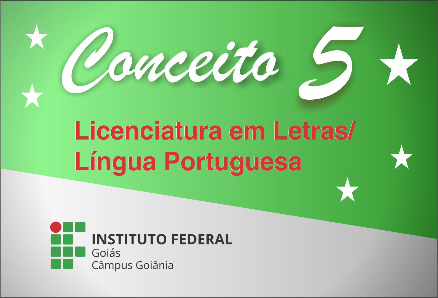 Banner com ilustração sobre avaliação do curso de Letras - Português, que recebeu conceito 5