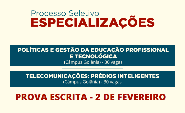 banner sobre a seleção das especializações em Políticas da Educação Profissional e em Telecomunicações