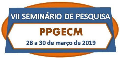 Imagem de divulgação do evento. Sétimo seminário de pesquisa do PPGECM, 28 a 30 de março de 2018. Cores predominantes na imagem: azul escuro e laranja