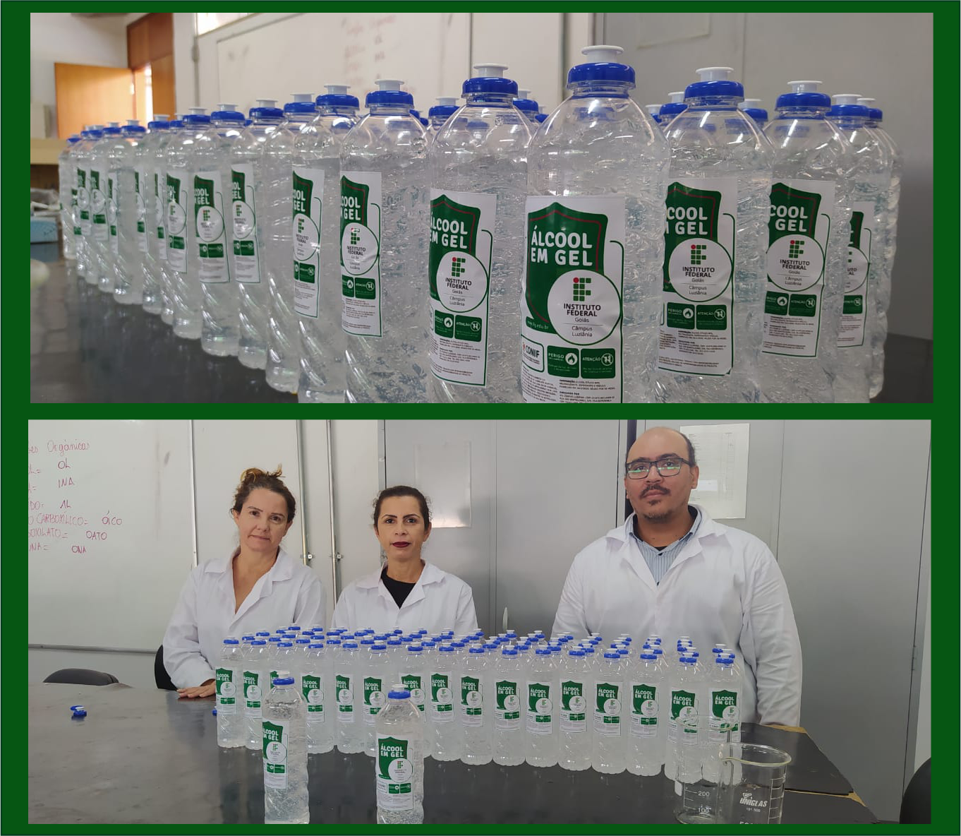 Nas fotos, os 81 frascos de álcool em gel e parte dos professores que os produziram (da esq. p/ dir., Rosmany Aires, Simone Paixão e Leonardo François) 