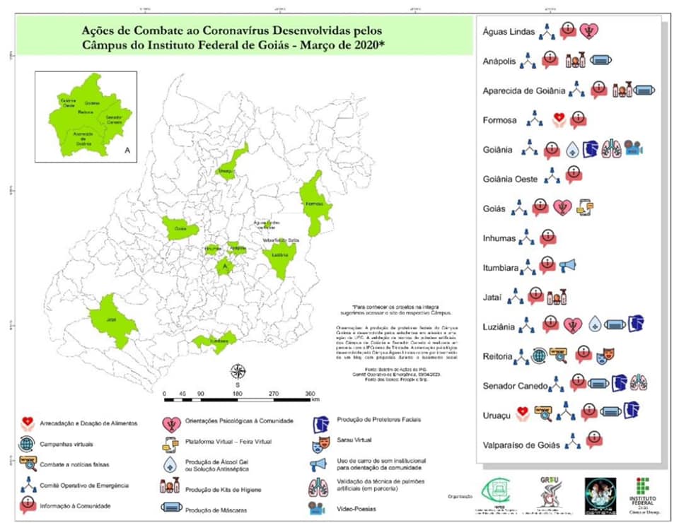 Mapa de Ações do IFG, desenvolvido pelos grupos Meninas Cientistas e Grupo de Robótica Educacional do Câmpus Uruaçu, a partir da publicação do Boletim Informativo de Ações