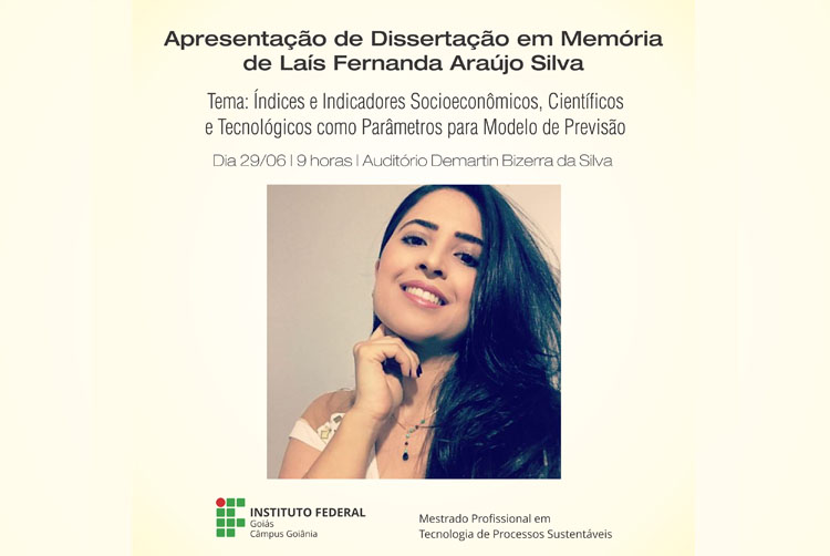 Imagem contendo informações sobre data, local e hora da defesa pública da dissertação de mestrado da estudante Laís Fernanda Araújo Silva
