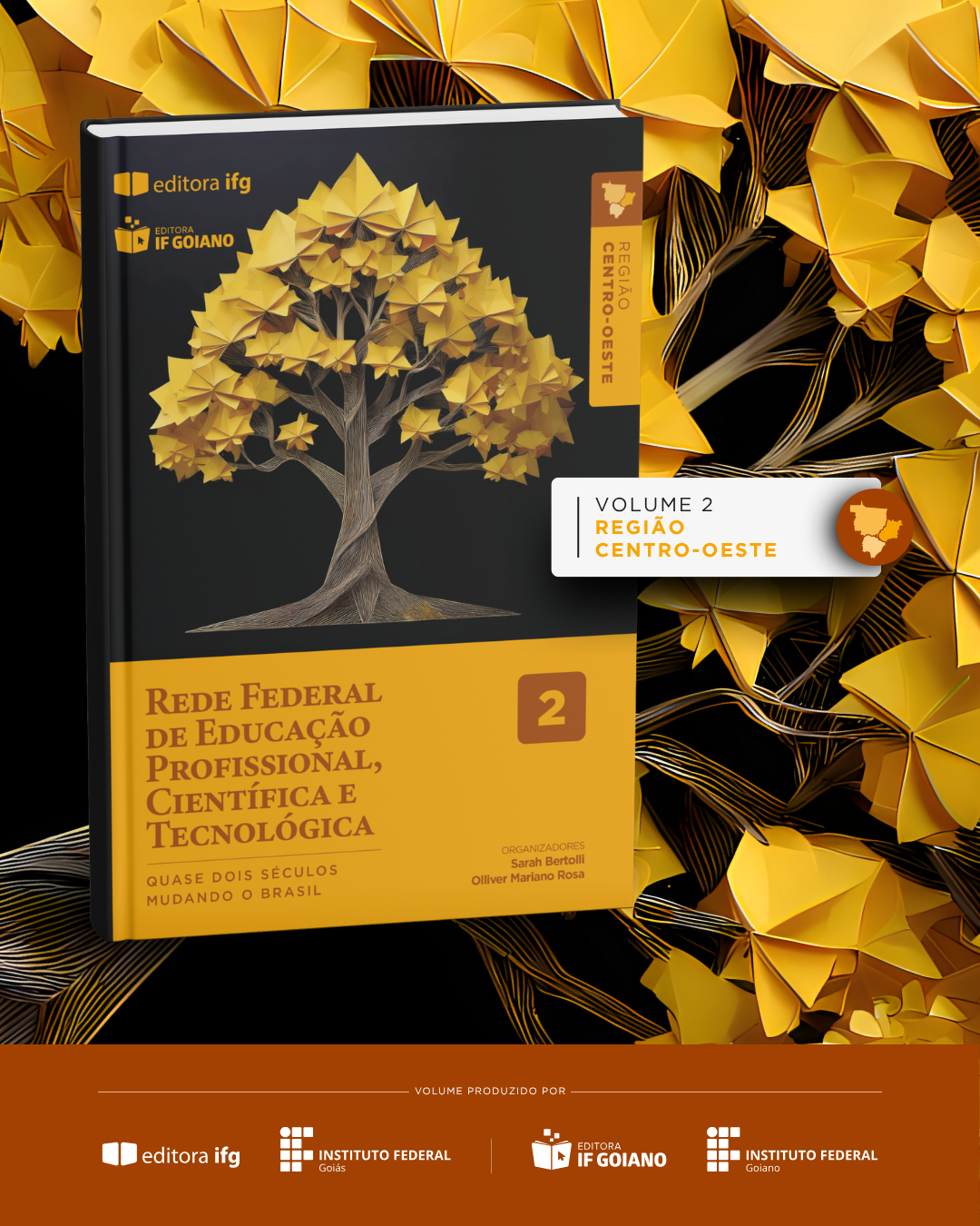 Capa do volume da região Centro-Oeste com imagem do ipê-amarelo, árvore símbolo do Centro-Oeste, sinônimo de resistência e usada como metáfora alusiva às instituições de educação do Centro-Oeste que seguem florescendo, mesmo em condições adversas
